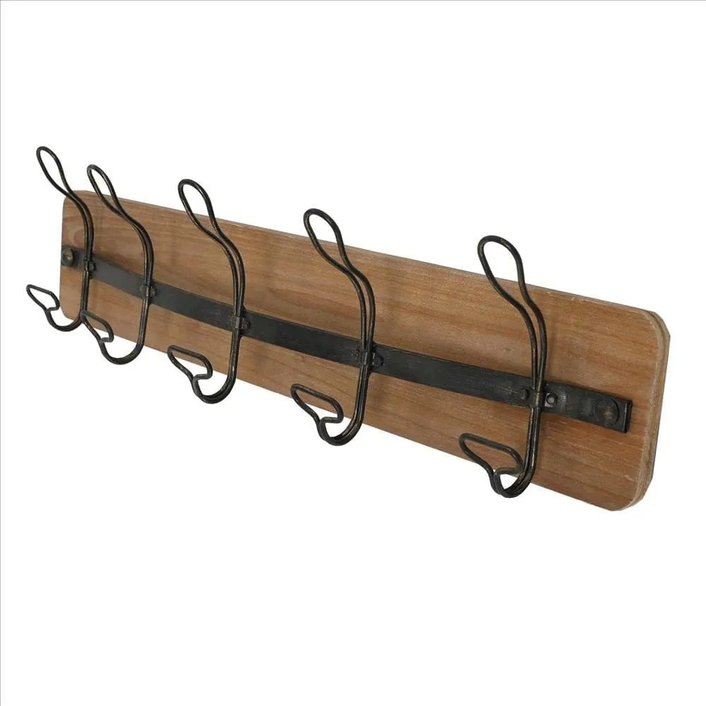 26 Inch Rustic Wood Indoor Outdoor 5 Wall Hooks, Brown By The Urban Port