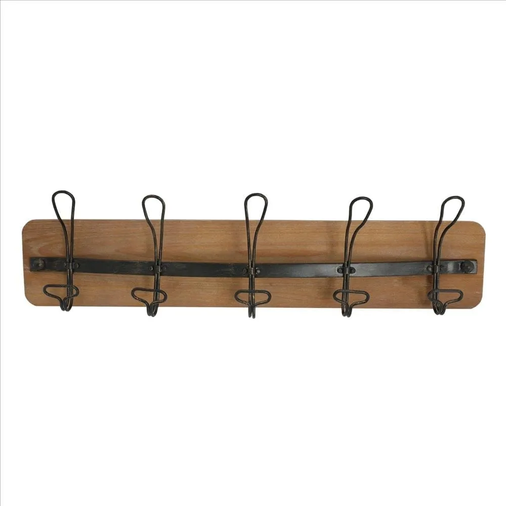 26 Inch Rustic Wood Indoor Outdoor 5 Wall Hooks, Brown By The Urban Port