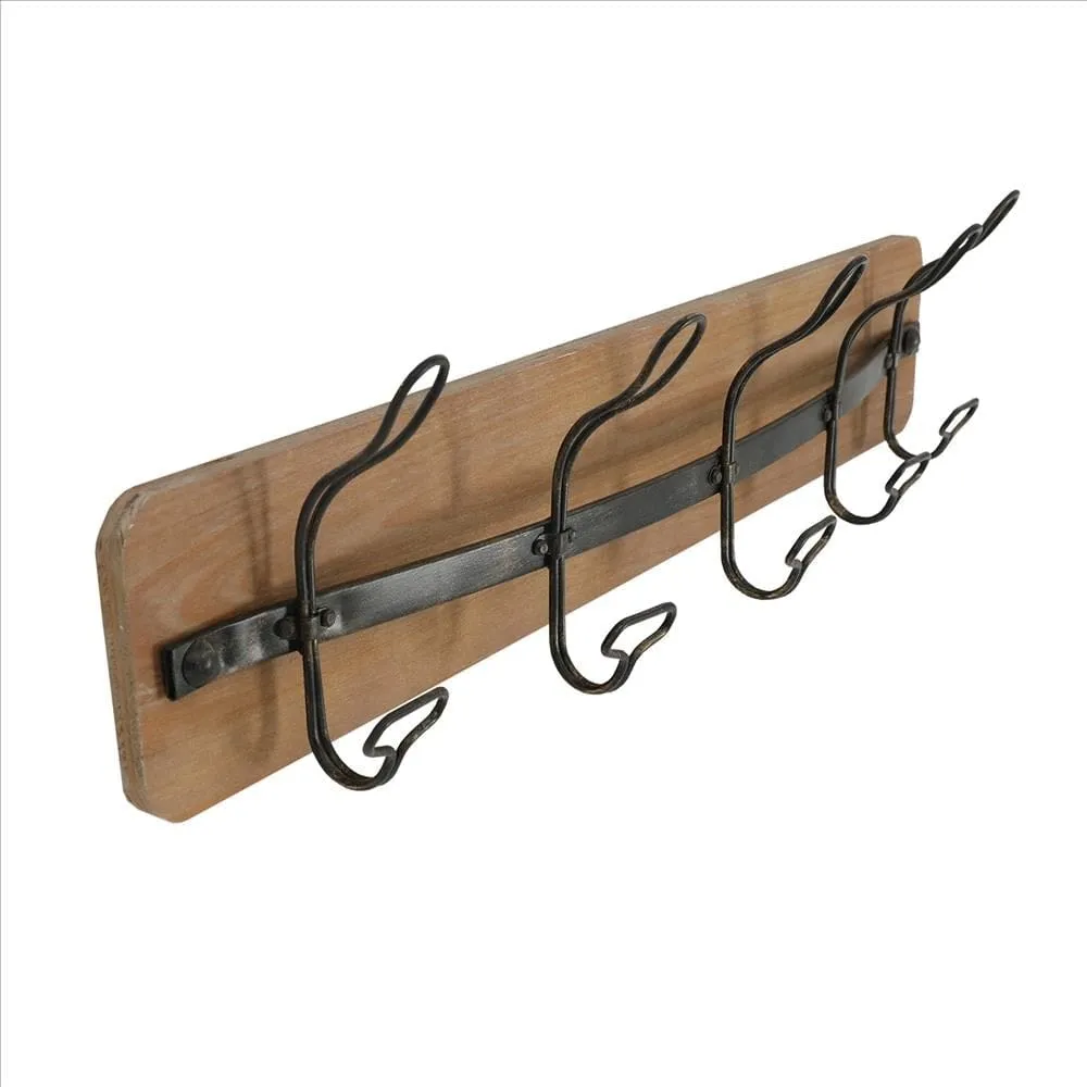 26 Inch Rustic Wood Indoor Outdoor 5 Wall Hooks, Brown By The Urban Port