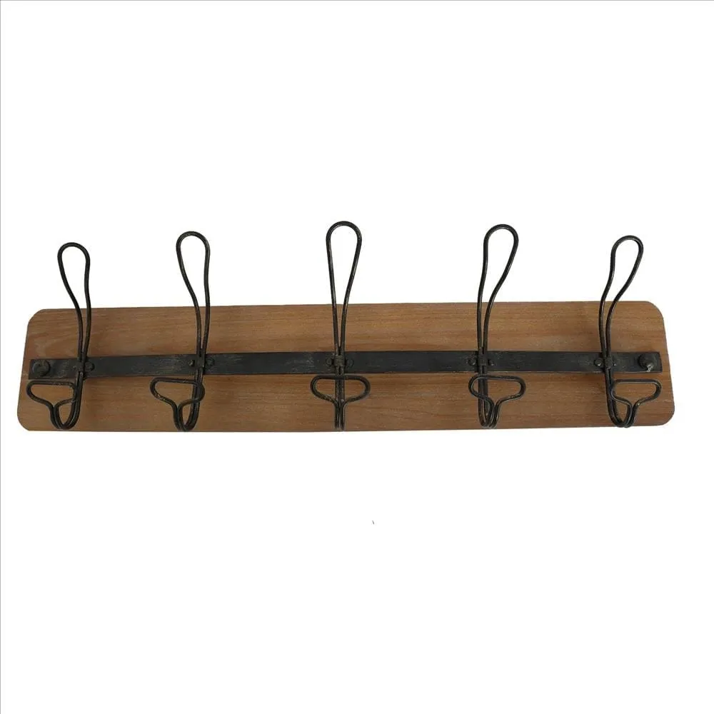 26 Inch Rustic Wood Indoor Outdoor 5 Wall Hooks, Brown By The Urban Port