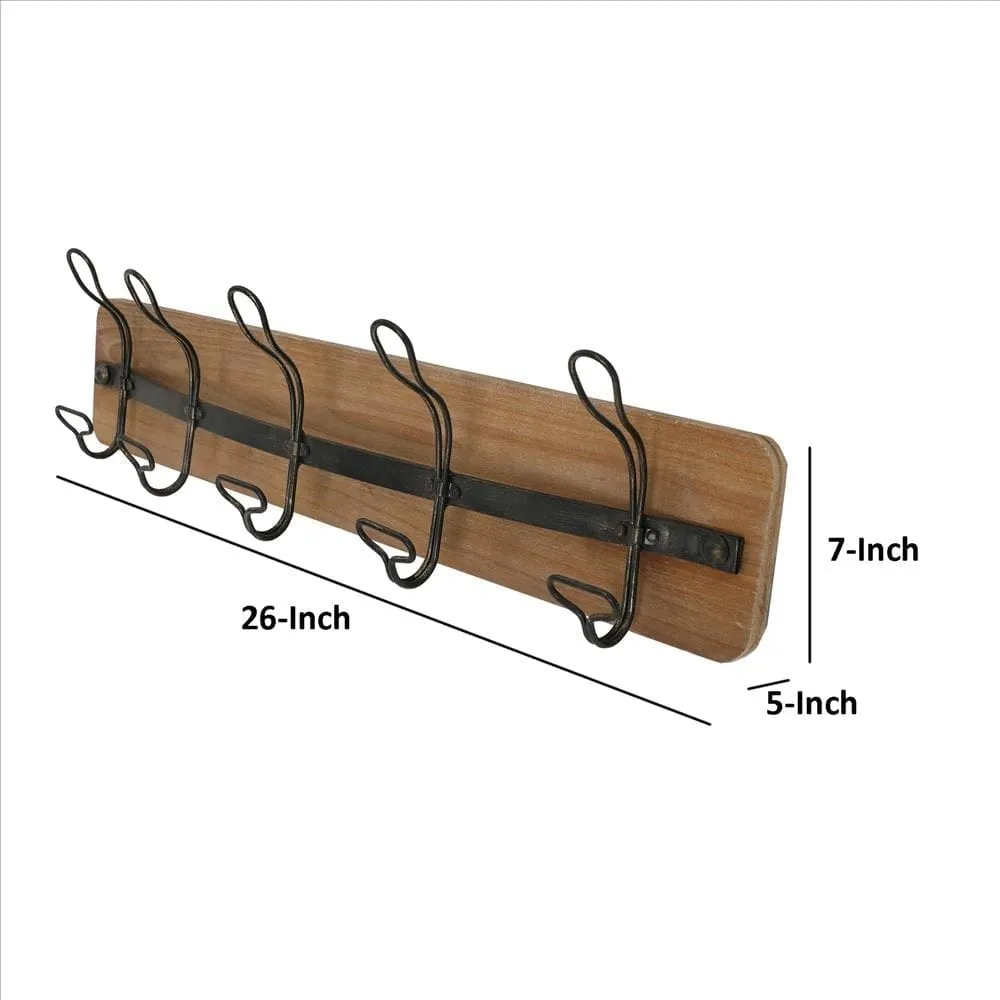 26 Inch Rustic Wood Indoor Outdoor 5 Wall Hooks, Brown By The Urban Port