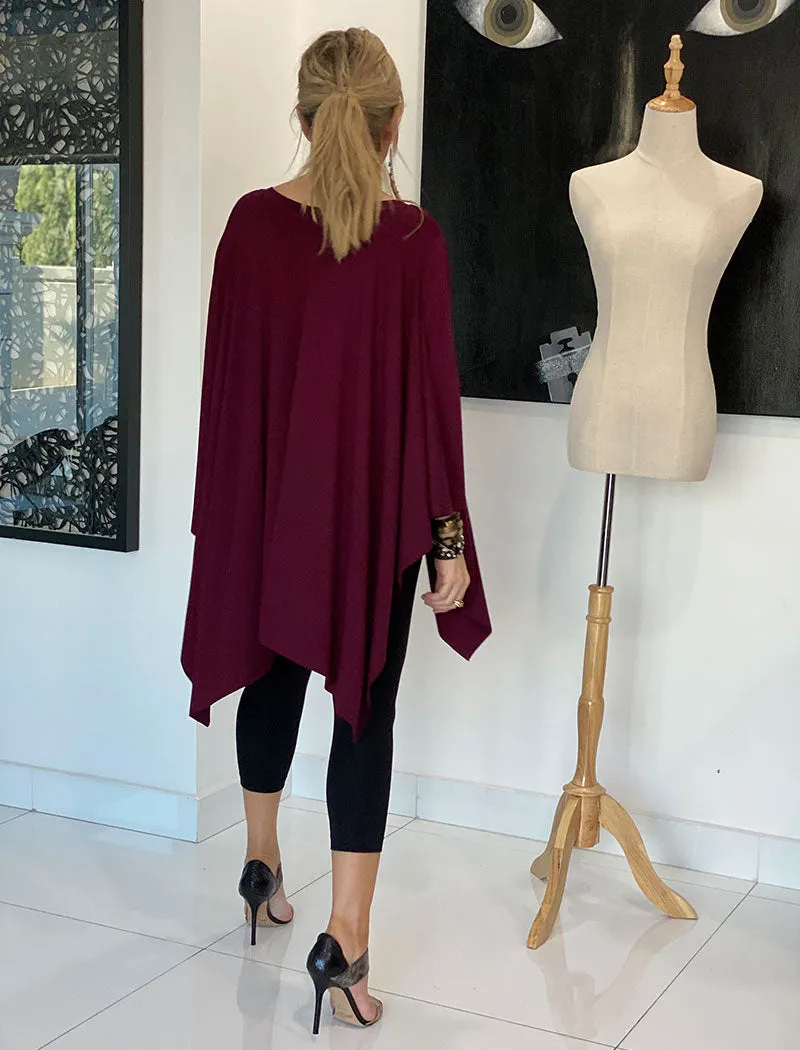 3/4 Sleeves Poncho Top - Maroon/Lion Face