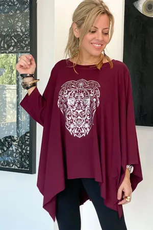 3/4 Sleeves Poncho Top - Maroon/Lion Face
