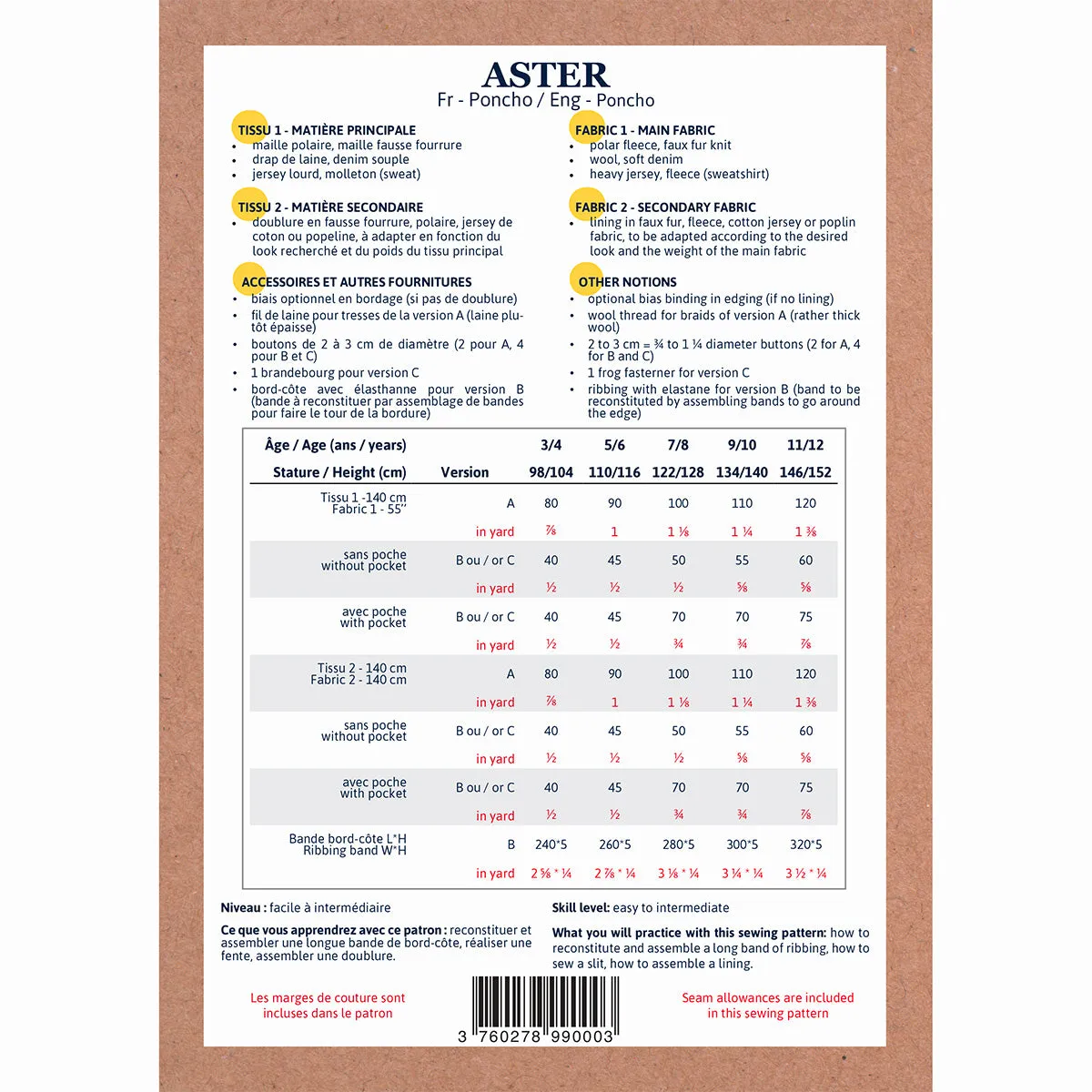 Aster Ponchos - 3/12y - Paper Sewing Pattern