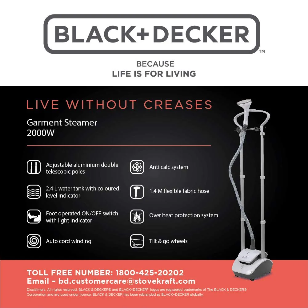 BLACK & DECKER BXGS2001IN Garment Steamer with Pleat Maker 2000 Watt, Fabric Brush, Collar Id and Lint Remover (White)