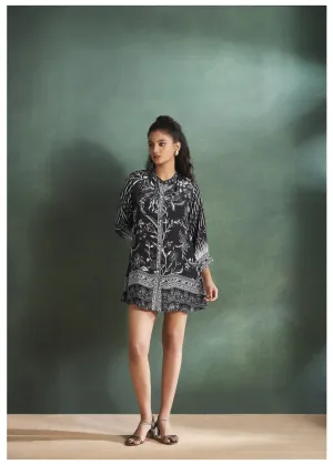 Black Crepe Floral Printed 3/4 Sleeve Tunic