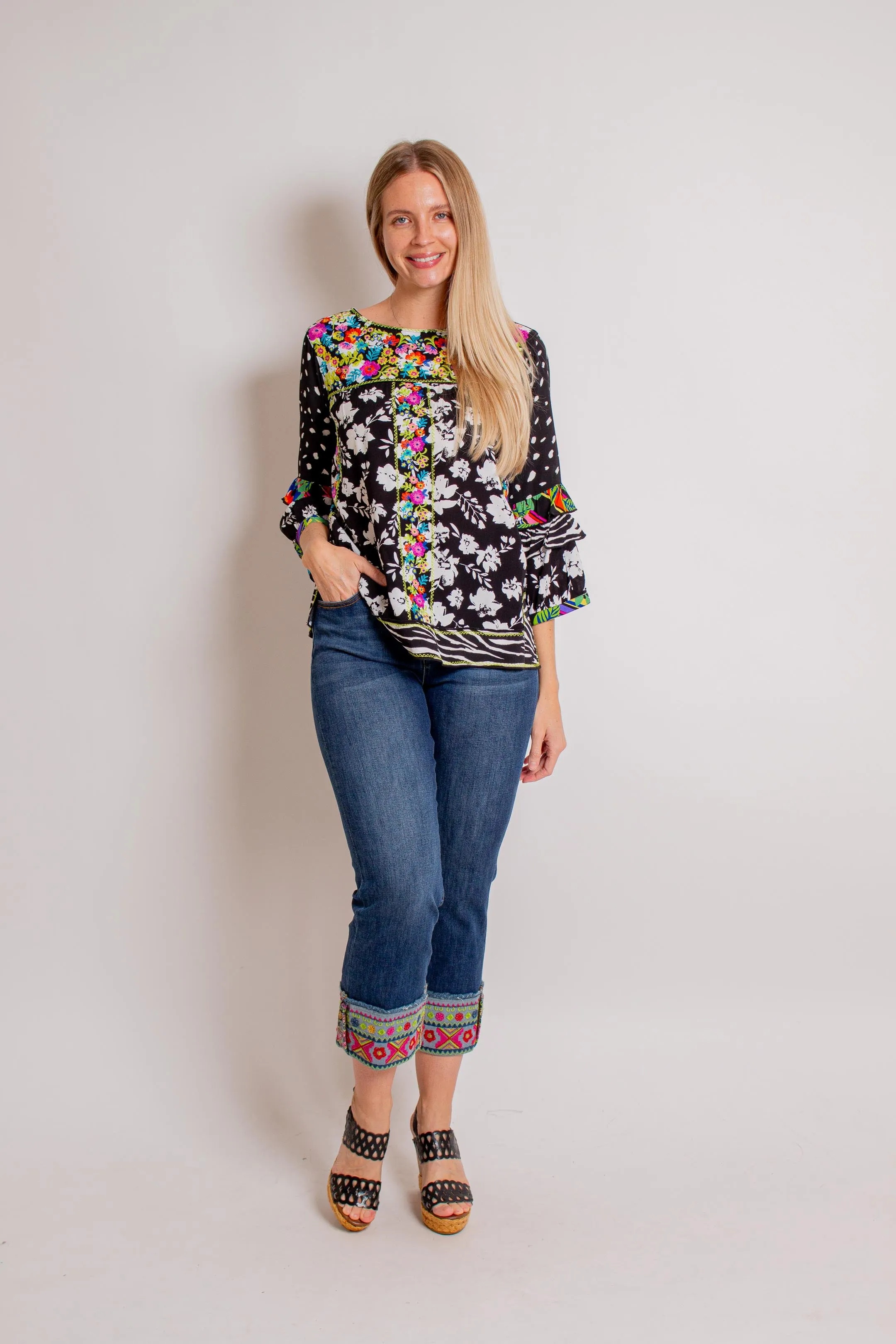 Black Mixed Print Top