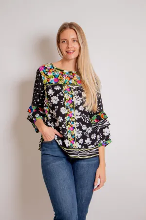 Black Mixed Print Top