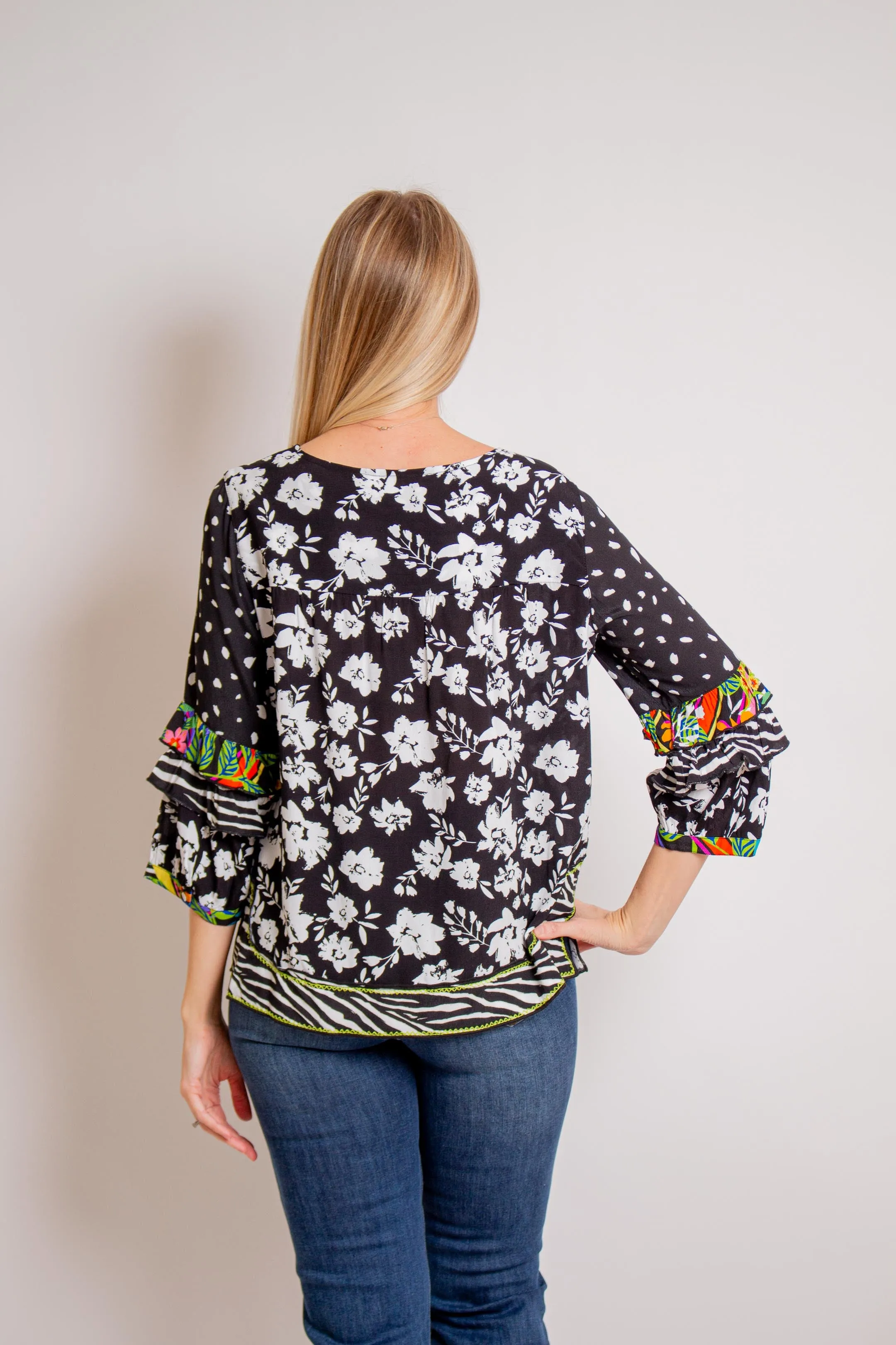 Black Mixed Print Top