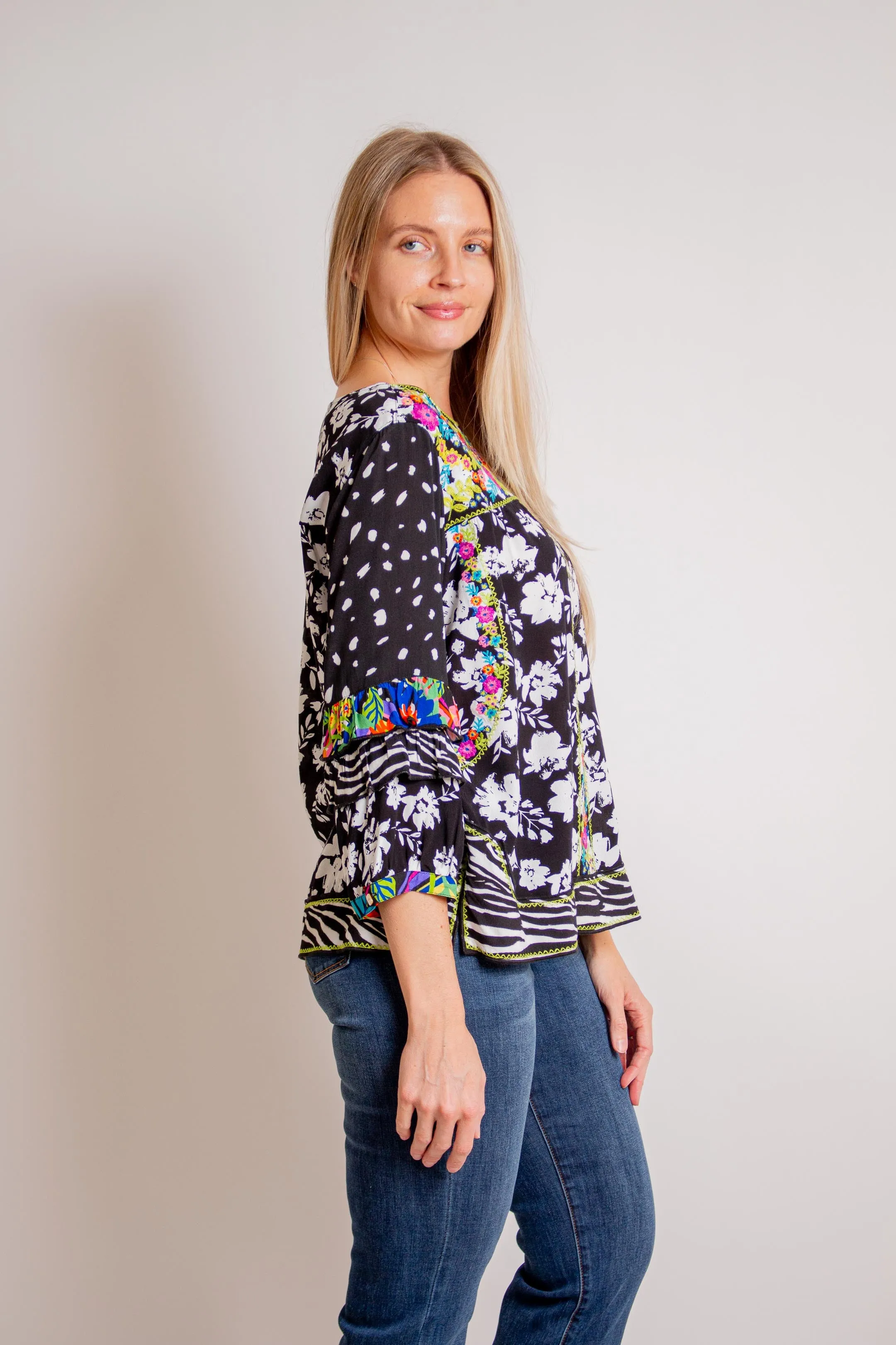 Black Mixed Print Top