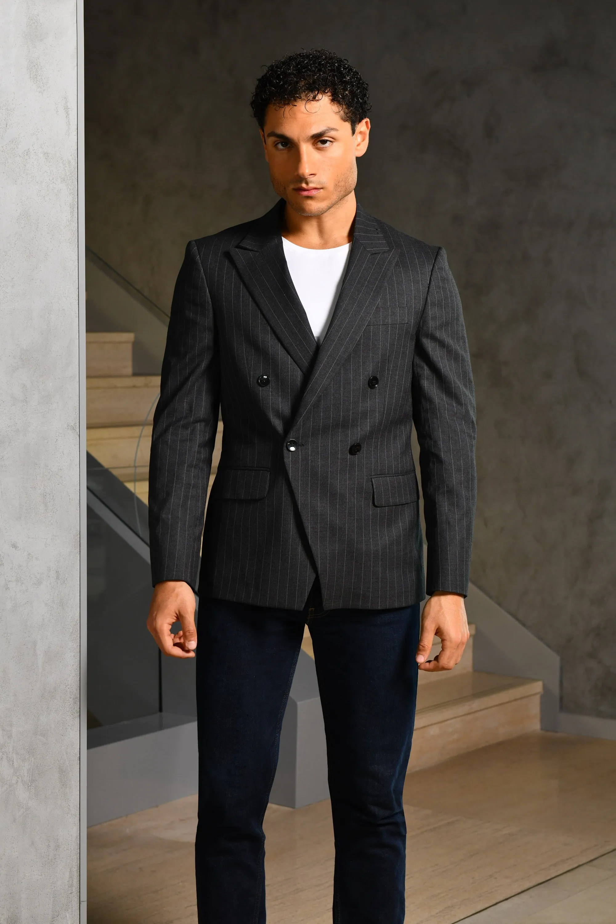 Charcoal Pinstripe Double-Breasted Blazer  V-Cut Online UAE