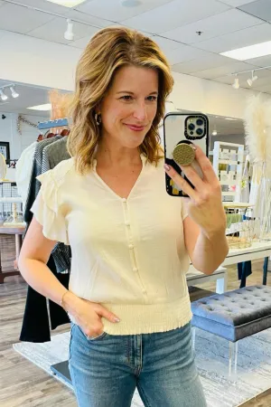 Cream Smocked Ruffle Top