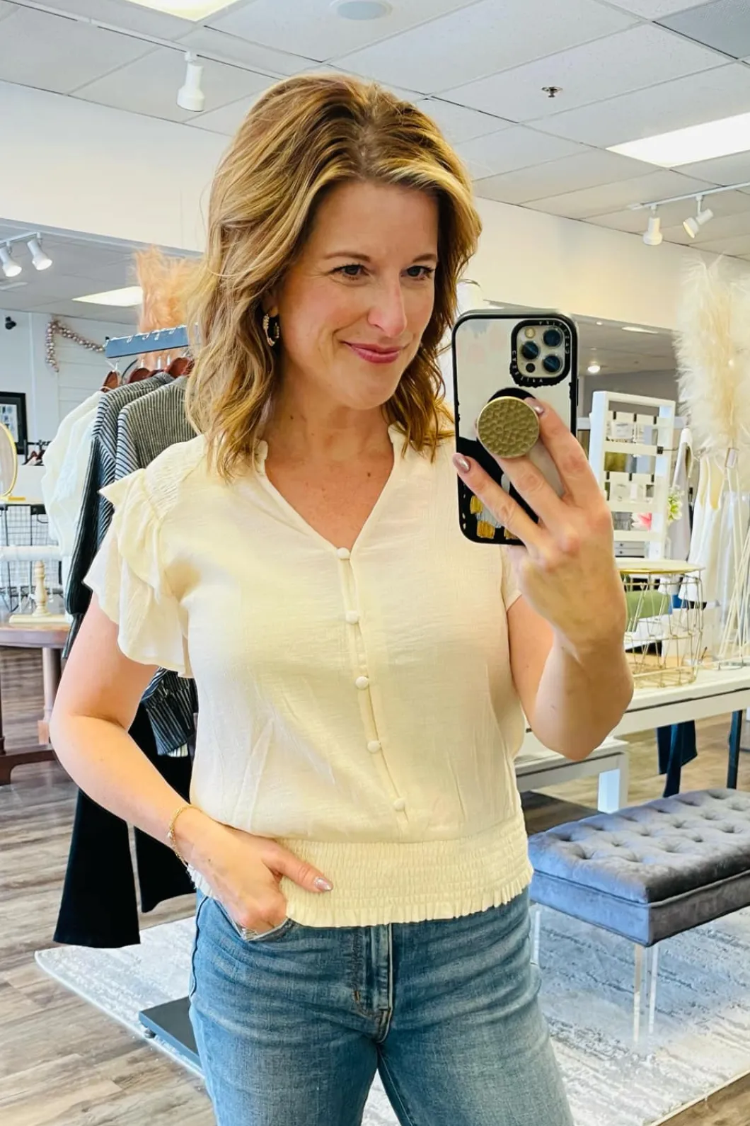 Cream Smocked Ruffle Top