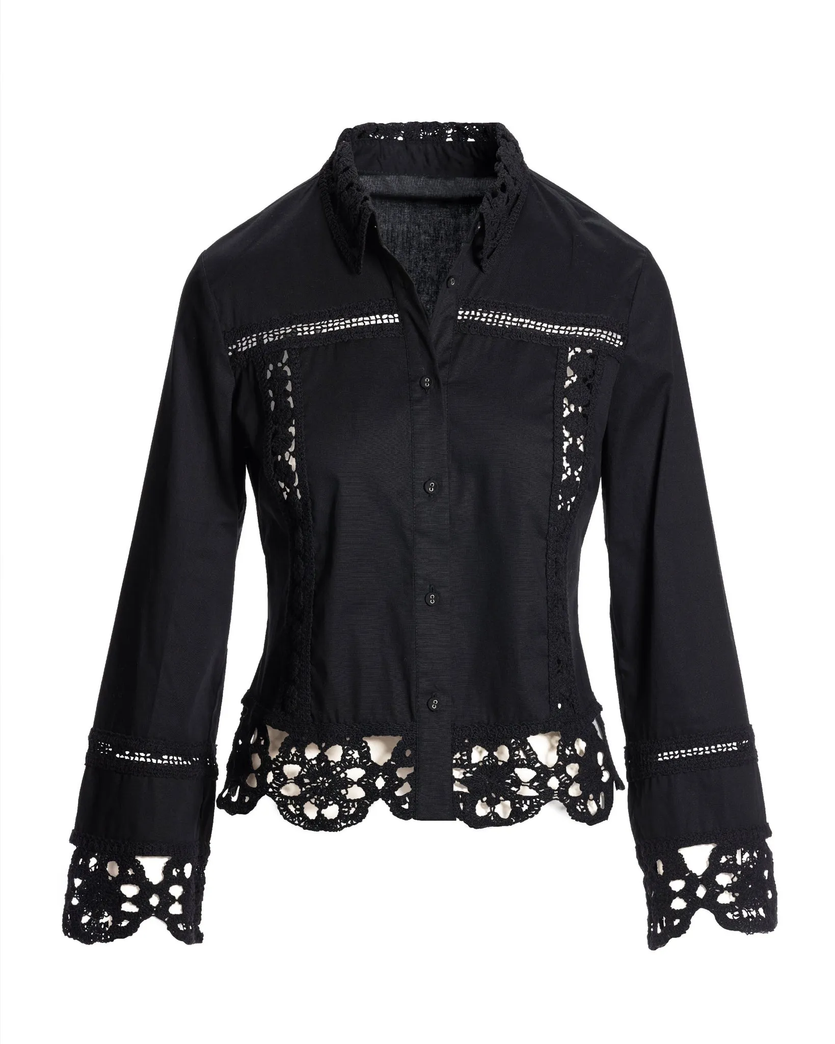 Crochet Trim Button-Up Shirt Black