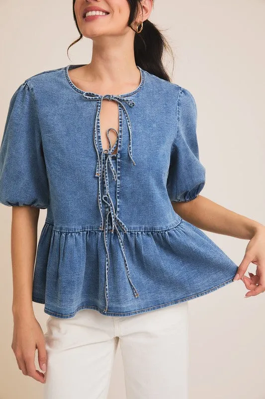 Denim Peplum Tie-Front Blouse