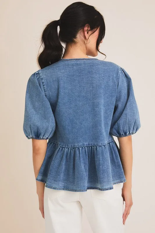Denim Peplum Tie-Front Blouse