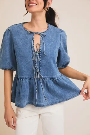 Denim Peplum Tie-Front Blouse