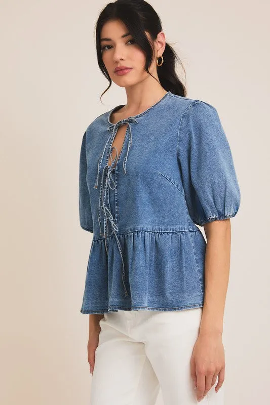 Denim Peplum Tie-Front Blouse