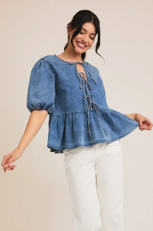 Denim Peplum Tie-Front Blouse