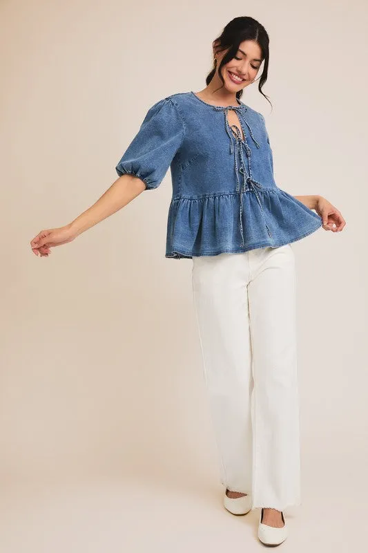 Denim Peplum Tie-Front Blouse