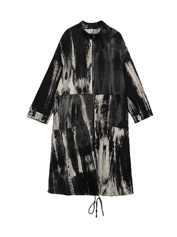 Drawstring Split-Joint Zipper Long Sleeves Loose Round-Neck Trench Coats