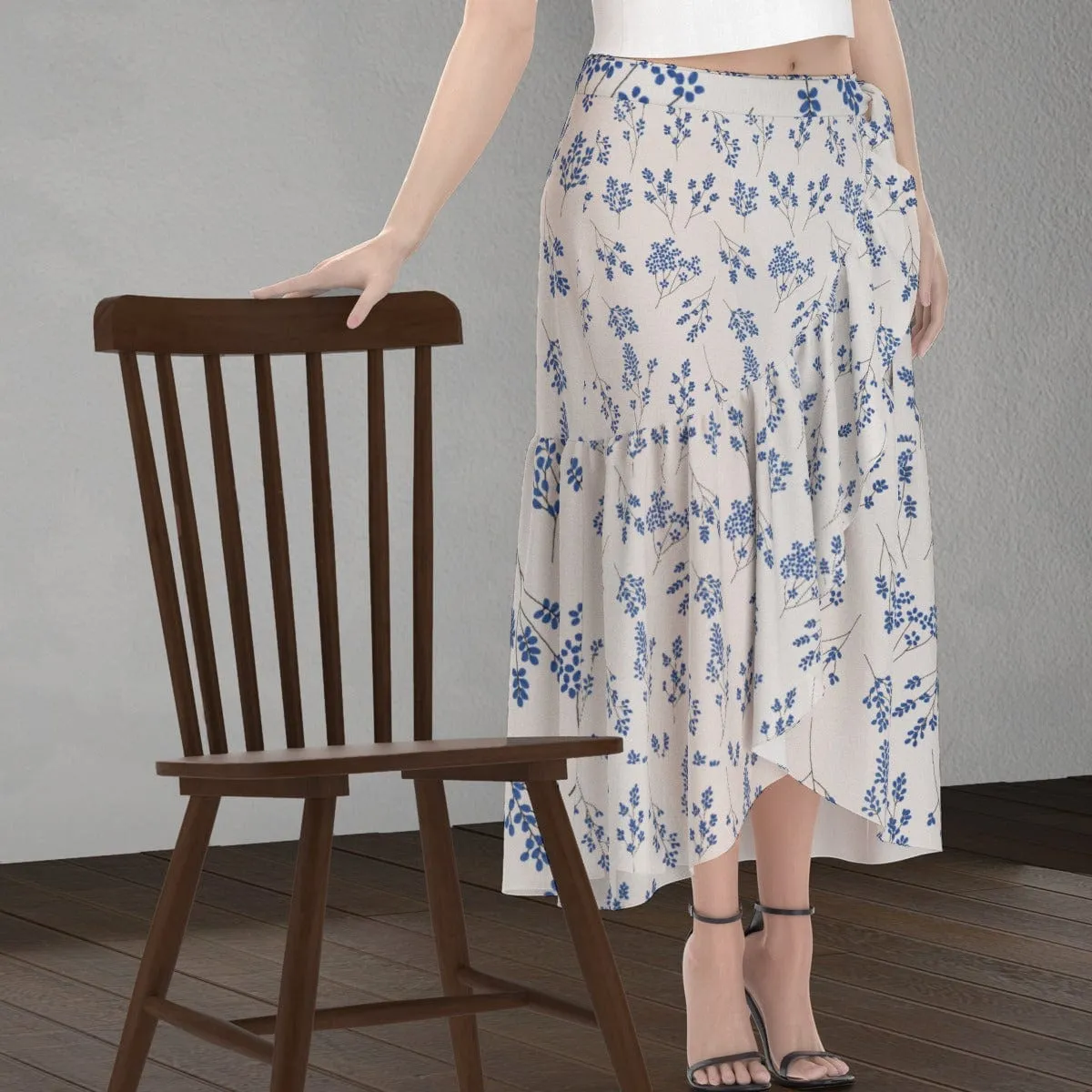 Ecru Blue Floral - Print Women's Wrap Skirt