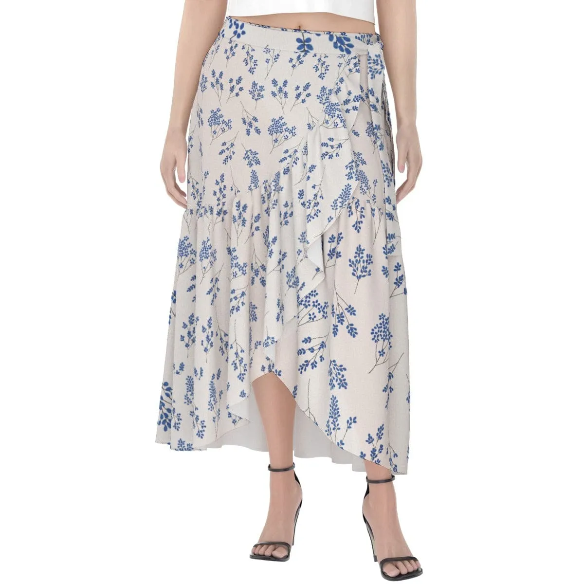 Ecru Blue Floral - Print Women's Wrap Skirt