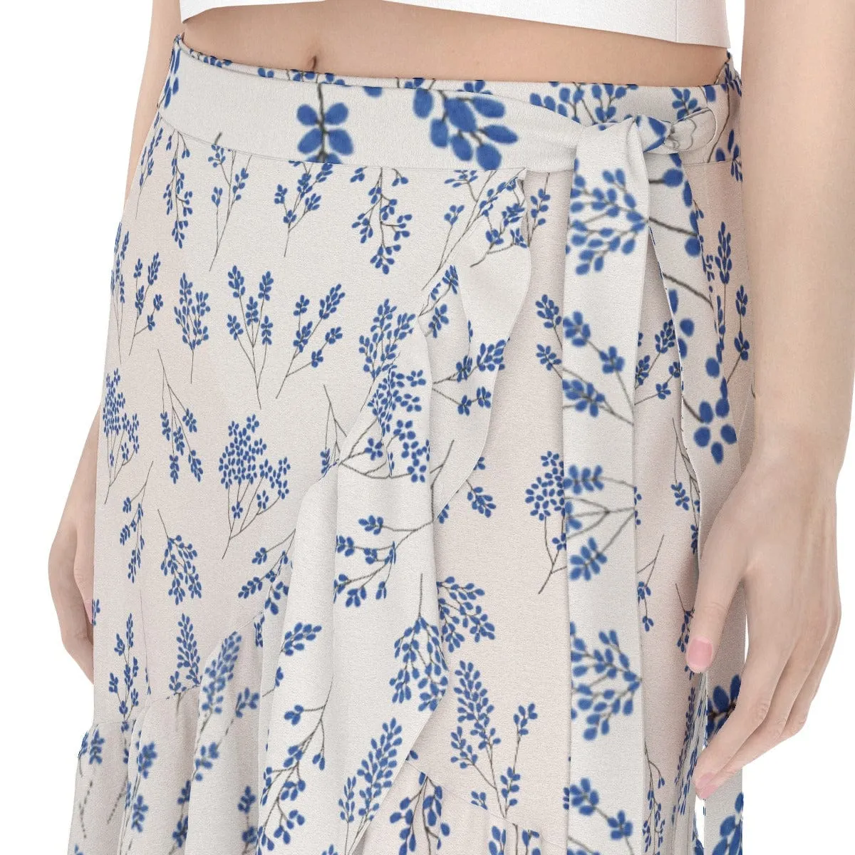Ecru Blue Floral - Print Women's Wrap Skirt