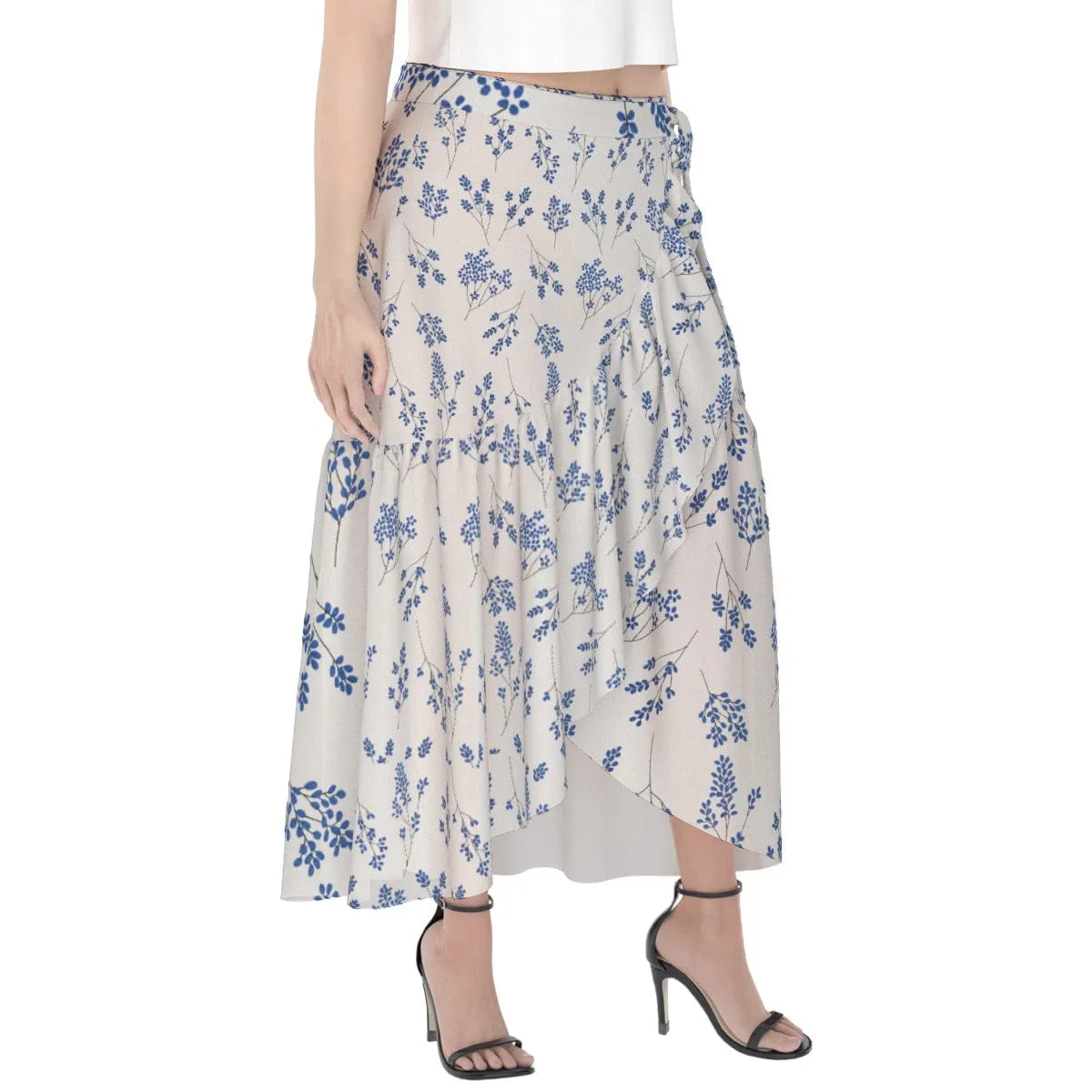 Ecru Blue Floral - Print Women's Wrap Skirt