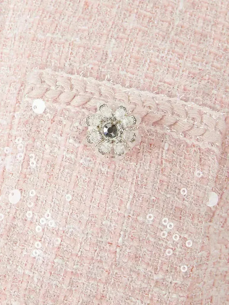 Elegant Sequins Tweed Belt Coat Pleated Skirts Sets