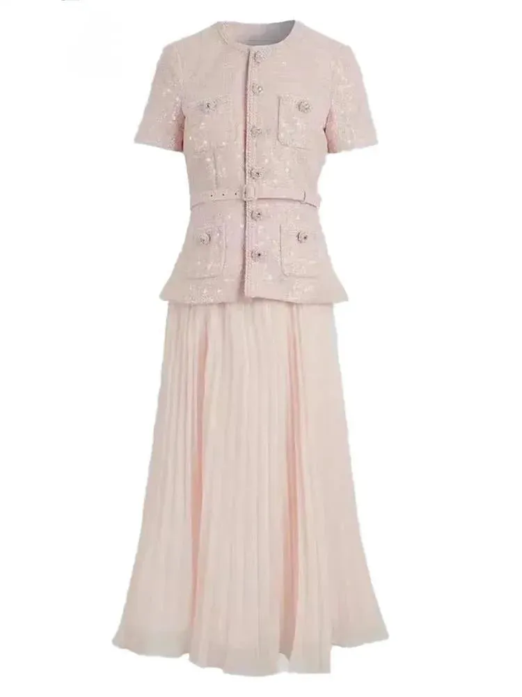 Elegant Sequins Tweed Belt Coat Pleated Skirts Sets