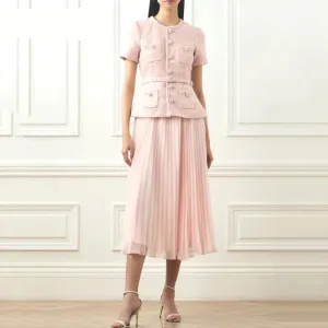 Elegant Sequins Tweed Belt Coat Pleated Skirts Sets