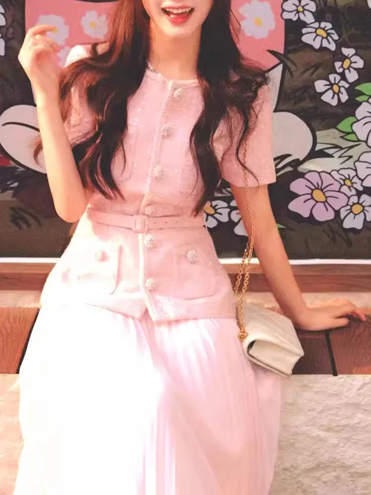 Elegant Sequins Tweed Belt Coat Pleated Skirts Sets