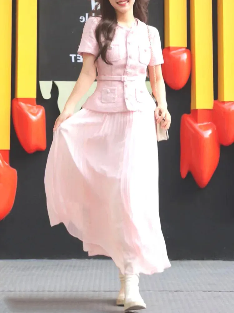Elegant Sequins Tweed Belt Coat Pleated Skirts Sets