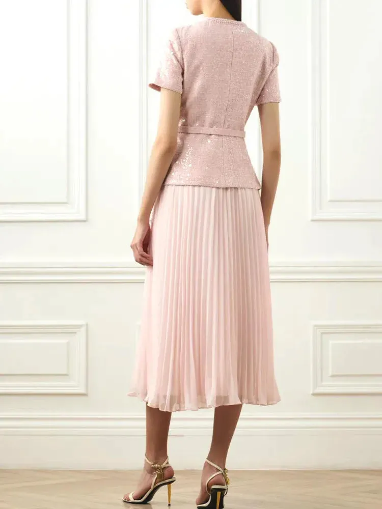 Elegant Sequins Tweed Belt Coat Pleated Skirts Sets
