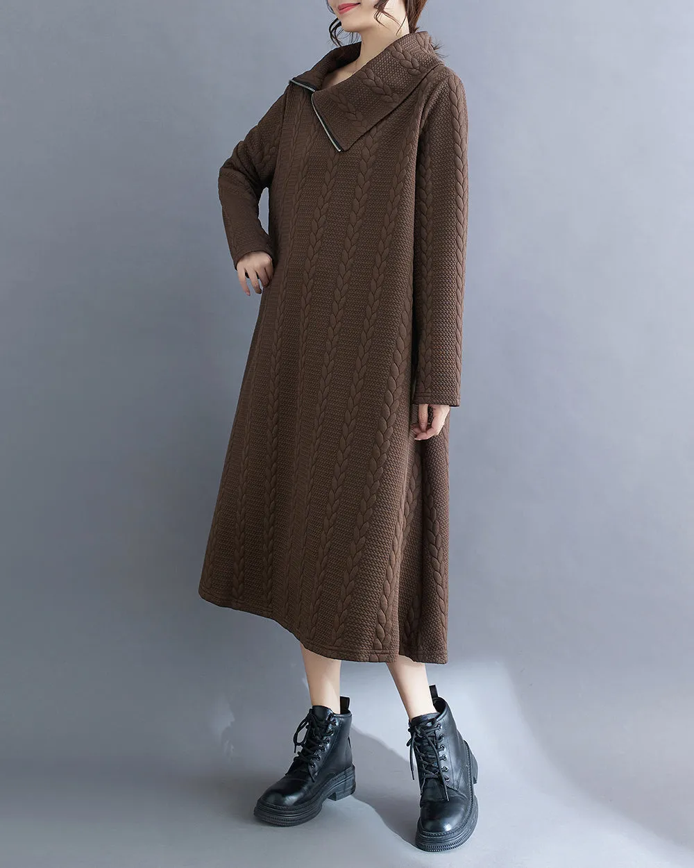 ellazhu Women's Dress Long Sleeve Solid Color Zipper Knitted Pattern Flowy Hem Below Knee Loose Oversize GA2774