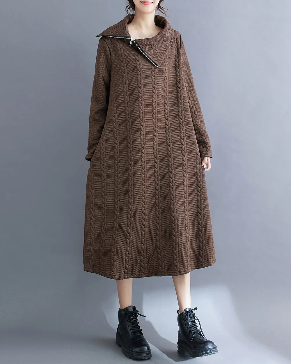 ellazhu Women's Dress Long Sleeve Solid Color Zipper Knitted Pattern Flowy Hem Below Knee Loose Oversize GA2774