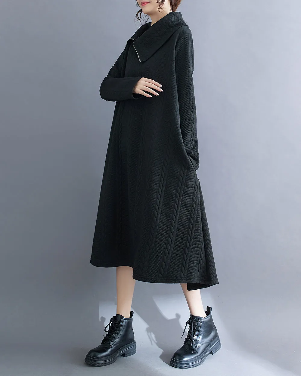ellazhu Women's Dress Long Sleeve Solid Color Zipper Knitted Pattern Flowy Hem Below Knee Loose Oversize GA2774