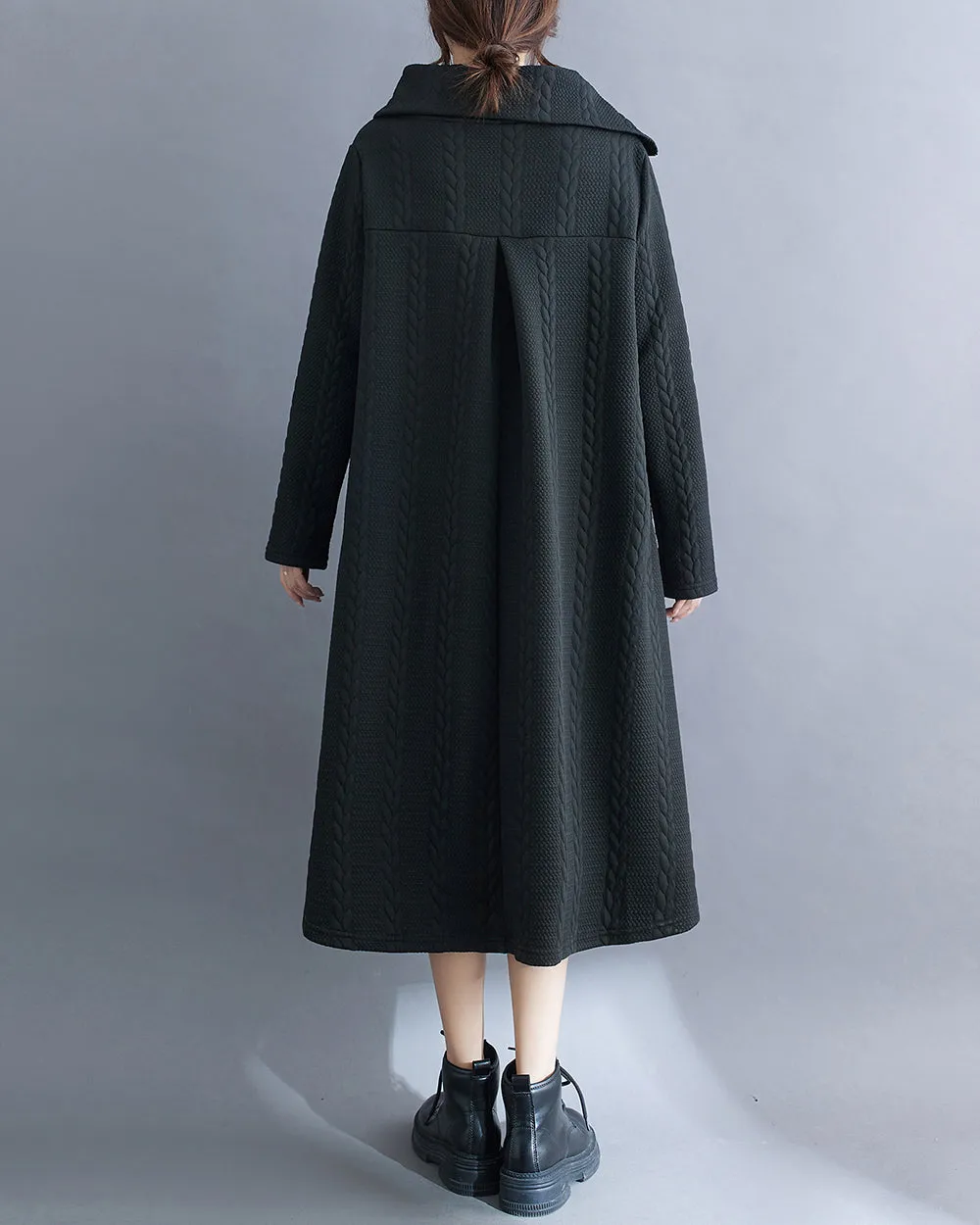 ellazhu Women's Dress Long Sleeve Solid Color Zipper Knitted Pattern Flowy Hem Below Knee Loose Oversize GA2774