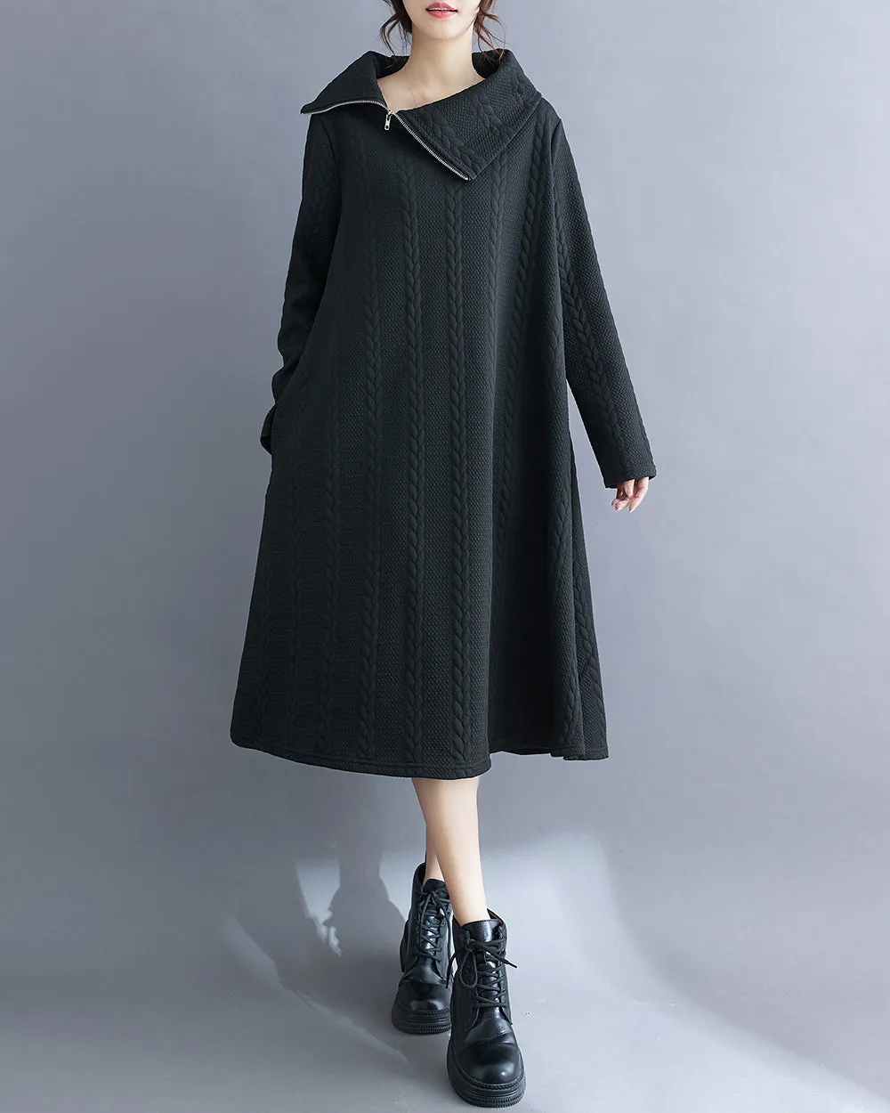 ellazhu Women's Dress Long Sleeve Solid Color Zipper Knitted Pattern Flowy Hem Below Knee Loose Oversize GA2774