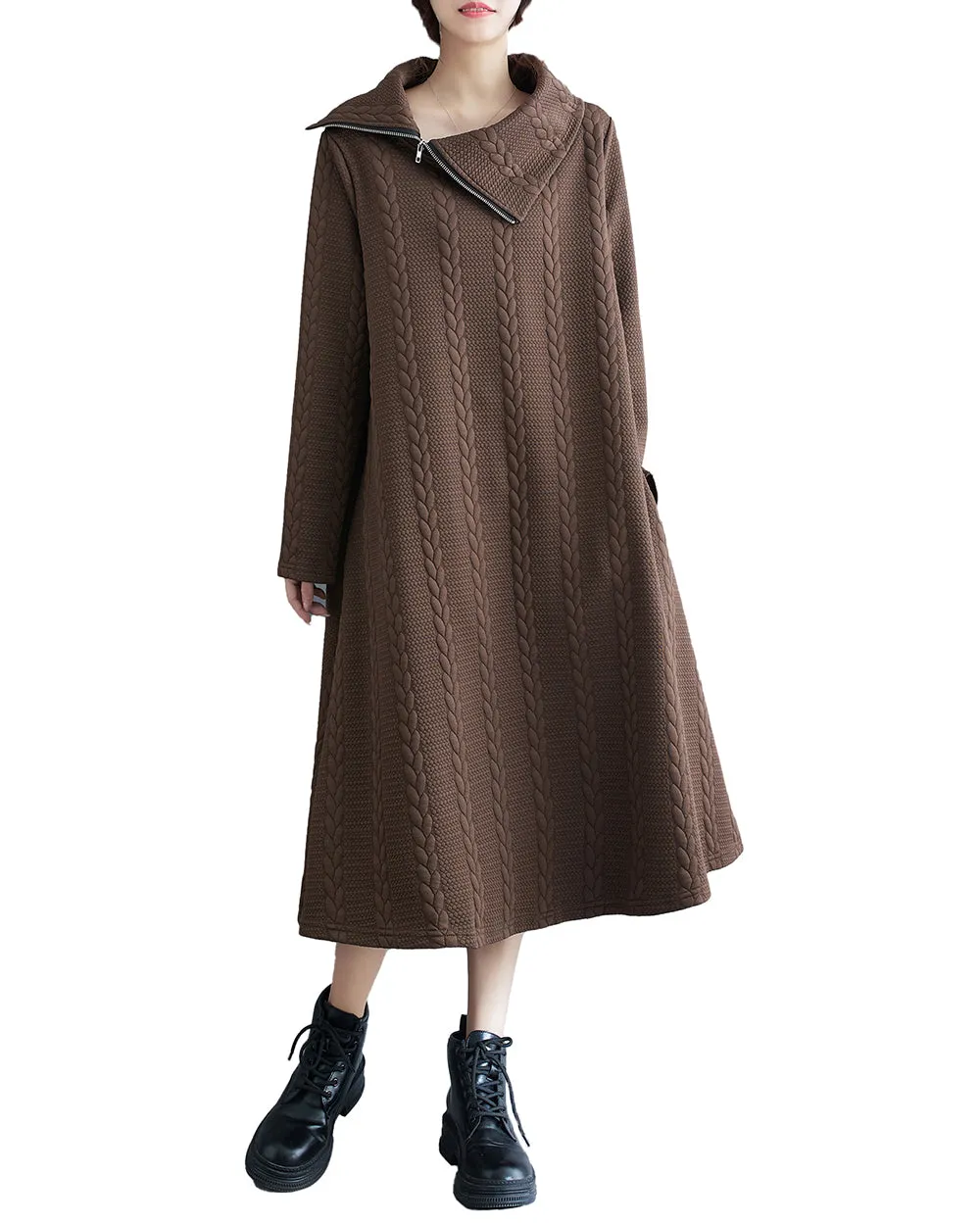 ellazhu Women's Dress Long Sleeve Solid Color Zipper Knitted Pattern Flowy Hem Below Knee Loose Oversize GA2774