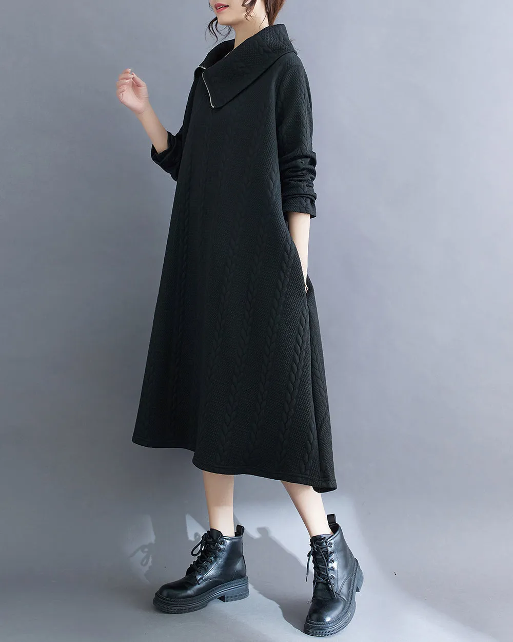 ellazhu Women's Dress Long Sleeve Solid Color Zipper Knitted Pattern Flowy Hem Below Knee Loose Oversize GA2774