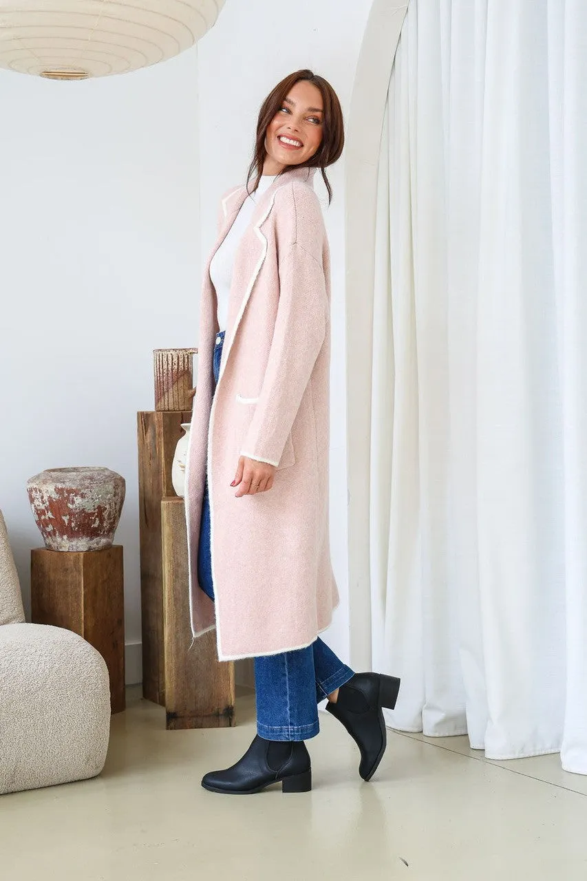 Ember Longer Line Contrast Stitch Coatigan - Blush/Ivory