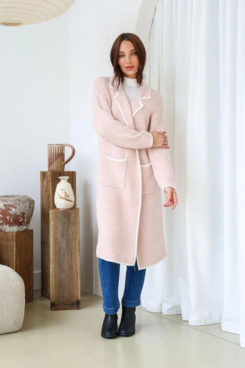 Ember Longer Line Contrast Stitch Coatigan - Blush/Ivory