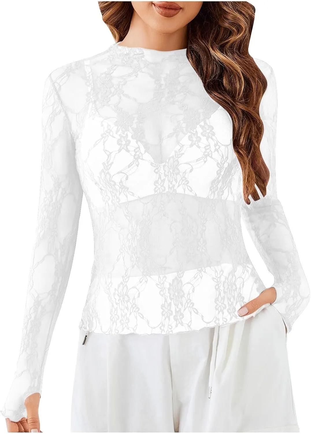 Floral Lace Tops for Women Mesh Long Sleeve Shirts Thumb Hole Mock Neck Sexy Sheer Blouse for Party Club Night Y2K Tee