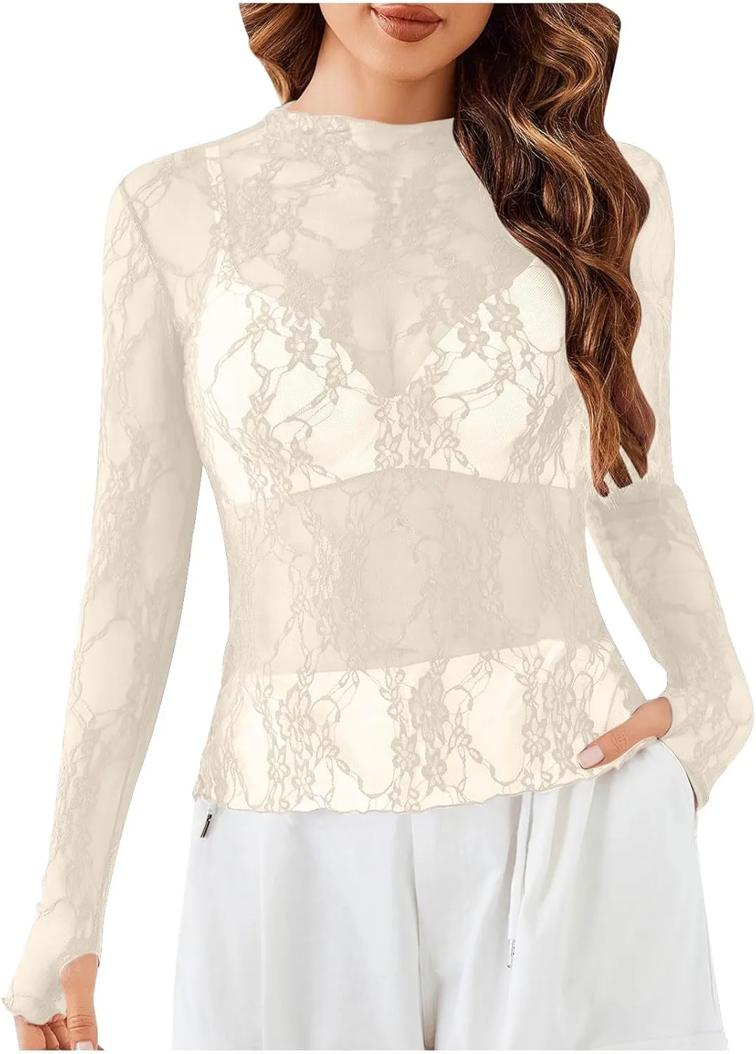 Floral Lace Tops for Women Mesh Long Sleeve Shirts Thumb Hole Mock Neck Sexy Sheer Blouse for Party Club Night Y2K Tee