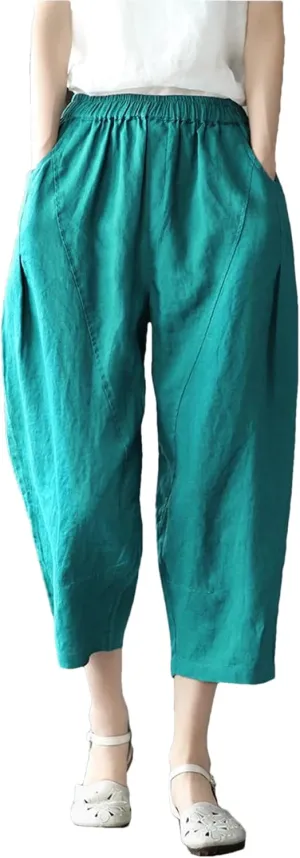 Fnfmrfmr Women Solid Cotton Linen Harem Pants Elastic Waist Pockets Loose Ankle-Length Pants