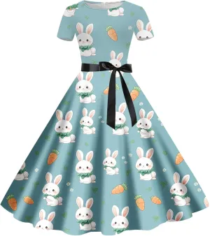 FZVYD Easter Dresses for Women Cute Bunny Colorful Egg Print A-Line Short Sleeve Casual Midi Dress Crewneck Plus Size Dress
