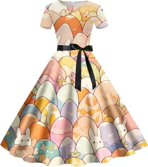 FZVYD Easter Dresses for Women Cute Bunny Colorful Egg Print A-Line Short Sleeve Casual Midi Dress Crewneck Plus Size Dress