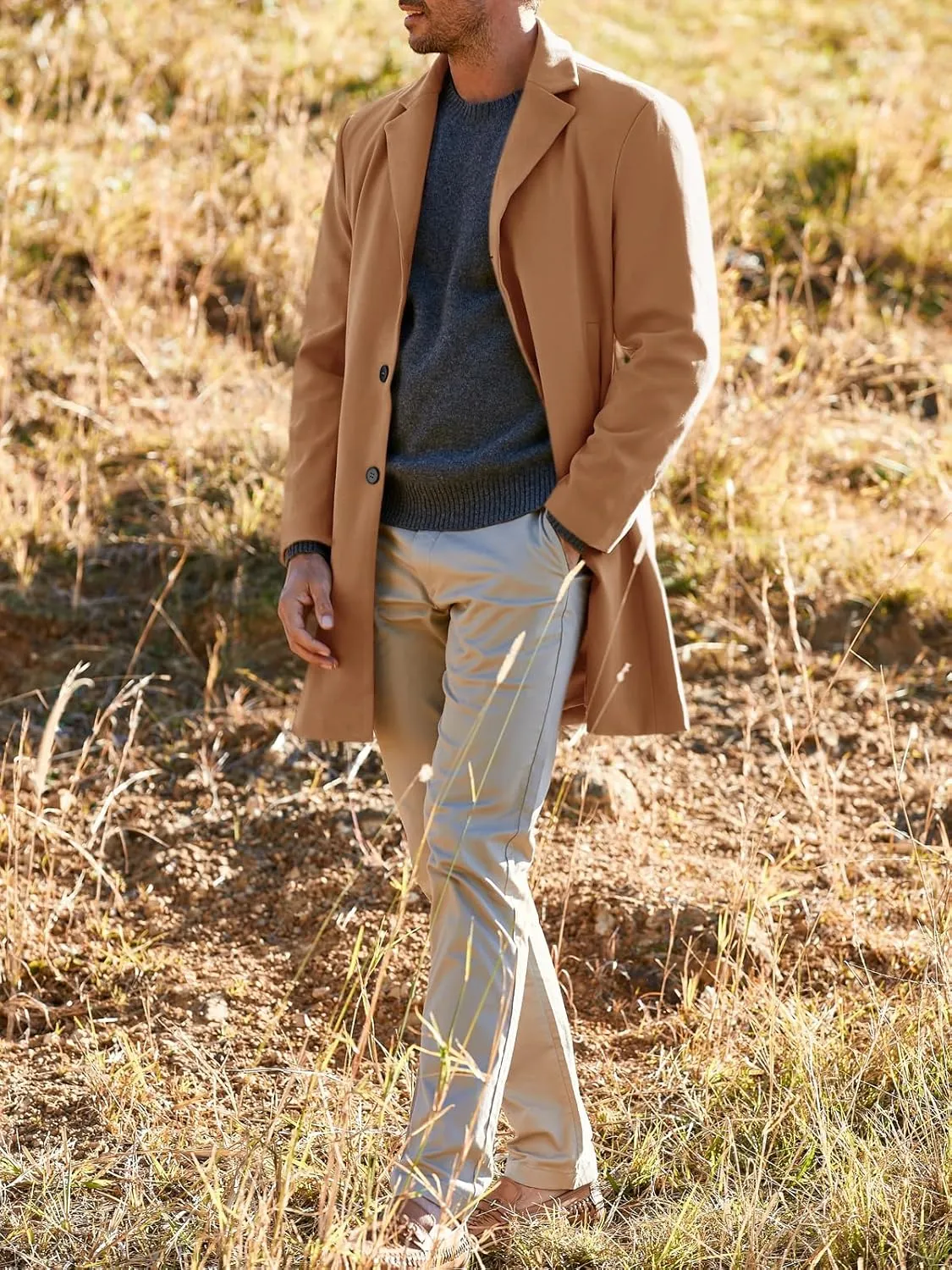 Gafeng Men's Trench Coat Slim Fit Notch Lapel Single Breasted Top Coat Winter Warm Cotton Business Long Jacket Overcoat